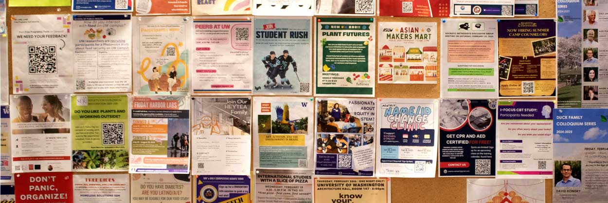 A crowded bulletin board displays an array of personal ads.