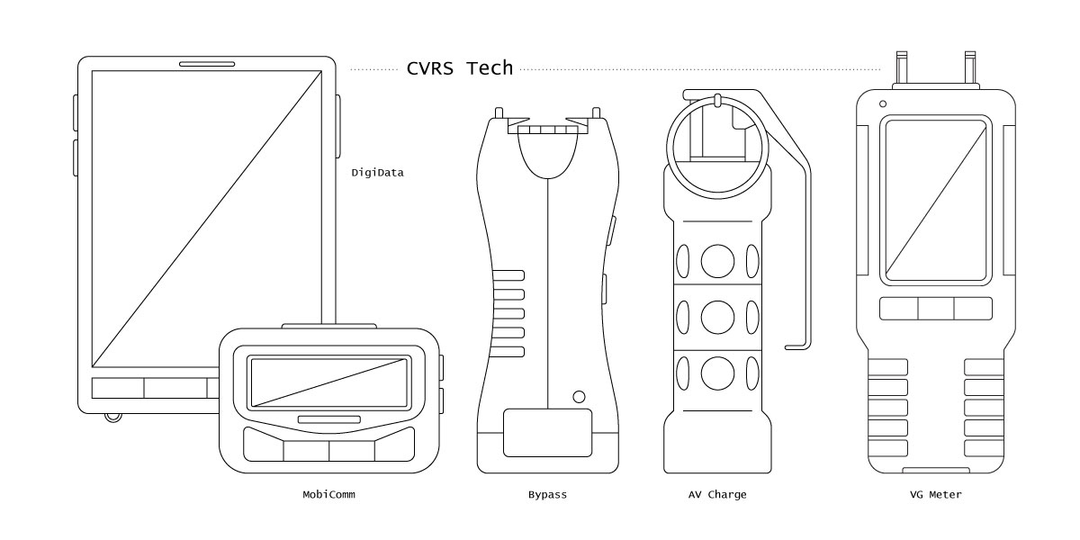 Simple technical line drawings of the DigiData, MobiComm, Bypass, AV Charge, and VG Meter. The DigiData resembles a tablet. The MobiComm resembles a pager. The bypass resembles a taser. The AV Charge resembles a flash bang. And the VG Meter resembles a mold detector.