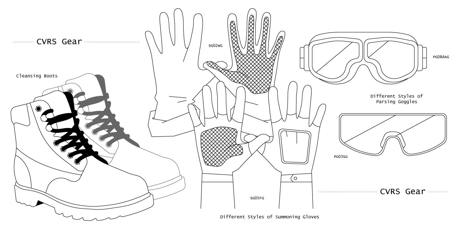 Simple technical line drawings of a pair of Cleansing Boots, two different styles of Summoning Gloves, and two different styles of Parsing Goggles. The Cleansing Boots look like steel-toed boots. One pair of Summoning Gloves resembles thick, cloth gardening gloves, while the other resembles sleek, fingerless motorcycle gloves. One pair of Parsing Goggles resembles aviation goggles, while the other resembles single-lensed safety goggles.