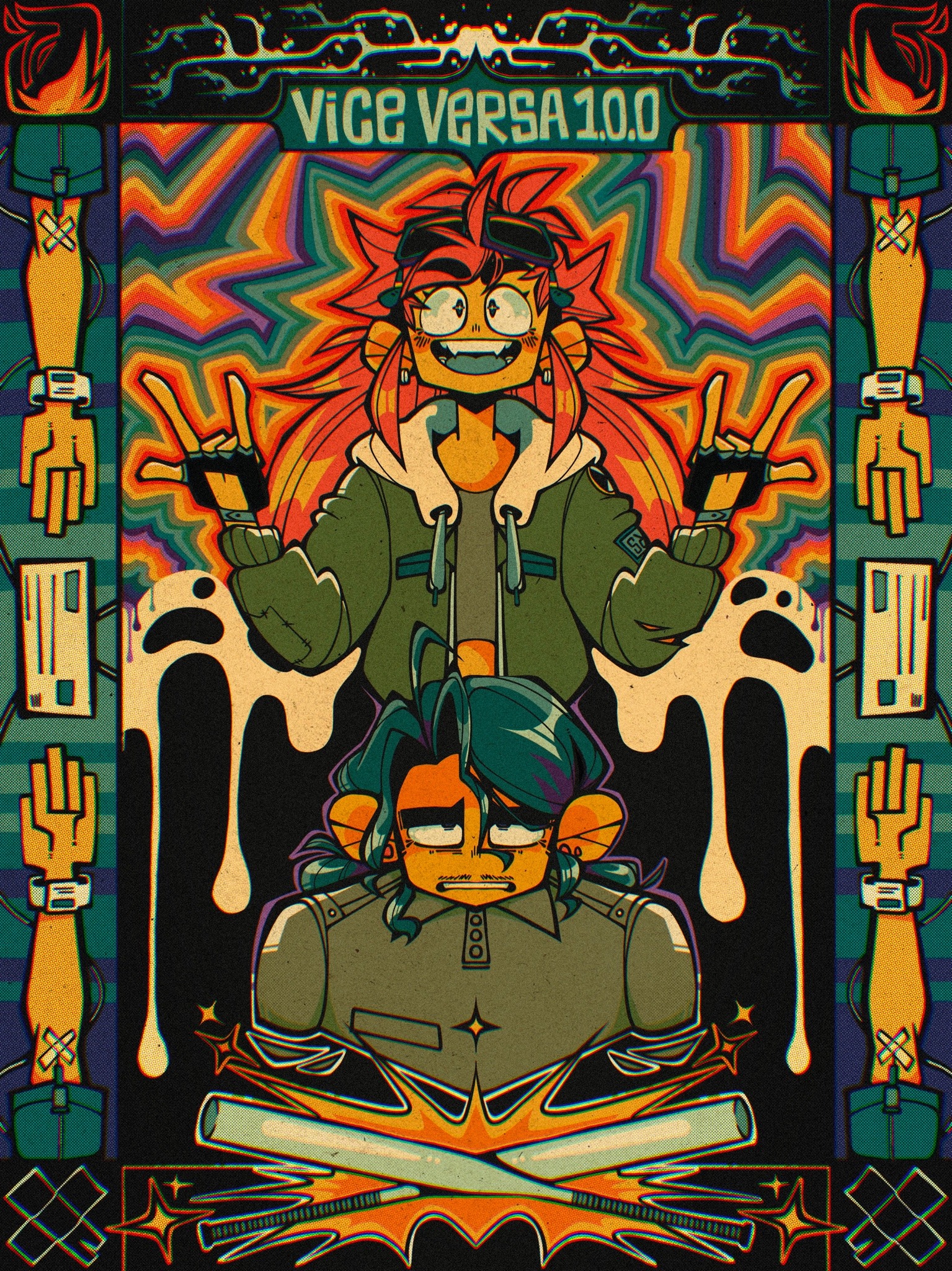 a symmetrical illustration depicting Emory and Danny. Emory is above Danny, and they have an exuberant expression. Colors radiate out from them. Danny looks miserable, surrounded by black goop mingling with white dripping from above. Two hands on each side reach toward each other, lining the left and right border. An IV is placed in the ditch of each arm. A mycelial network expands along the top, and a starburst explodes from behind the two bats along the bottom border.